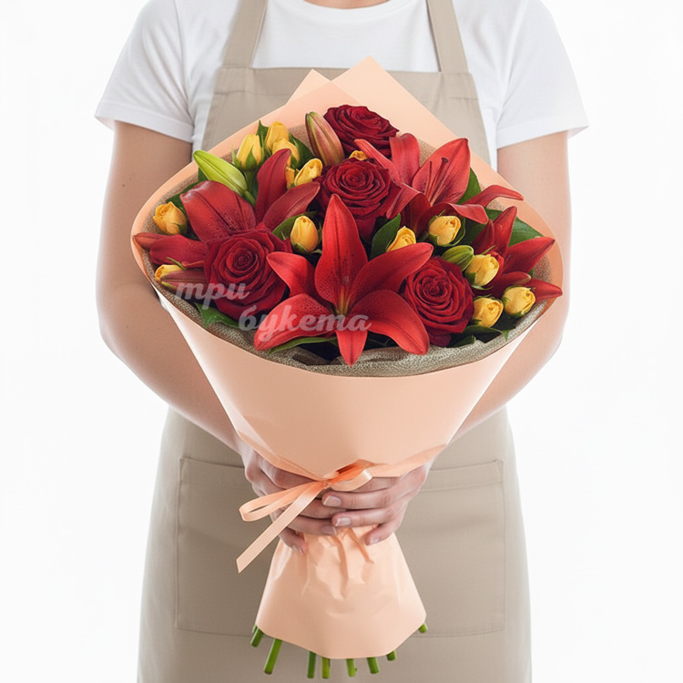 Букет из красных лилий и роз